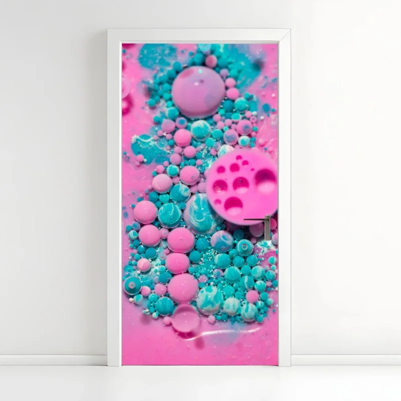 Pegatina para puerta marmolado rosa y turquesa con efecto burbuja