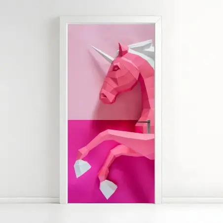 Pegatina para puerta unicornio geométrico rosa sobre fondo bicolor – Pixers®