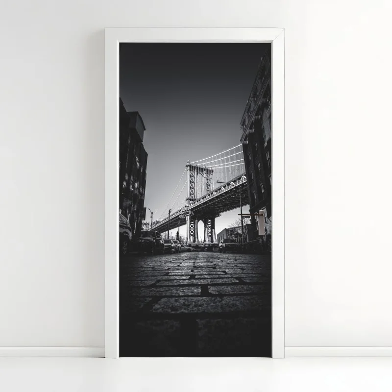 Pegatina para puerta vista icónica del puente de Manhattan en blanco y negro