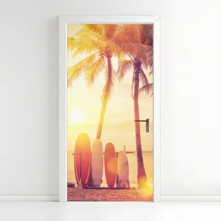 Pegatina para puerta atardecer tropical con tablas de surf – Pixers®