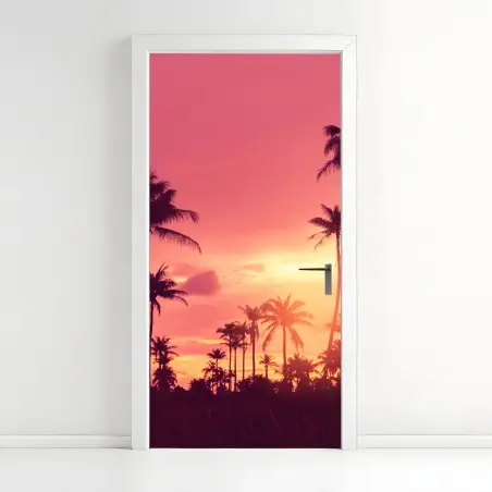 Pegatina para puerta atardecer tropical entre palmeras – Pixers®