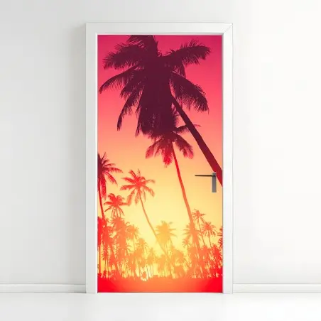 Pegatina para puerta atardecer tropical entre palmeras – Pixers®
