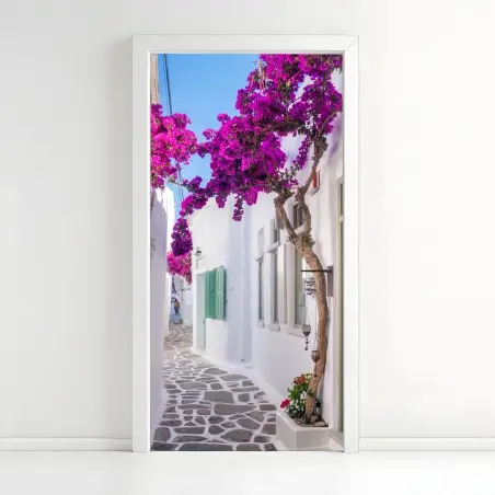 Pegatina para puerta rincón mediterráneo con buganvillas moradas – Pixers®