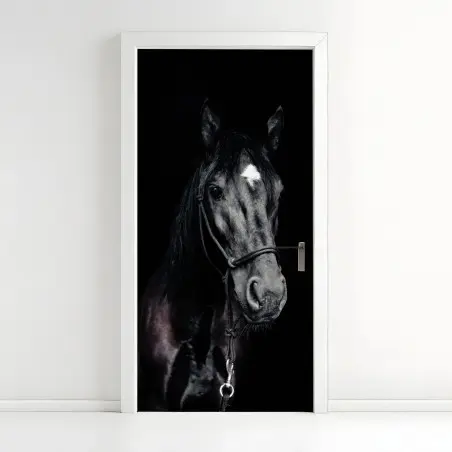 Pegatina para puerta retrato majestuoso de caballo negro – Pixers®