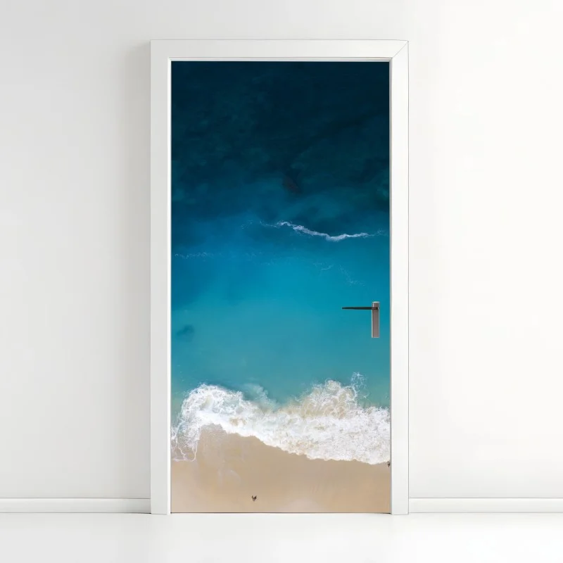 Pegatina para puerta vista aérea de la playa Kelingking en Nusa Penida