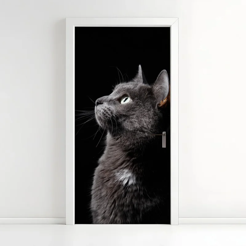 Pegatina para puerta perfil elegante de gato gris mirando la luz