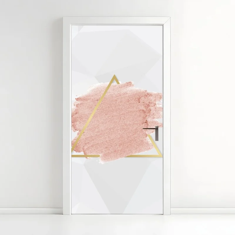 Pegatina para puerta brochazo rosa pastel con triángulo dorado sobre fondo geométrico
