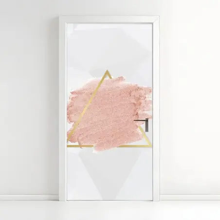 Pegatina para puerta brochazo rosa pastel con triángulo dorado sobre fondo geométrico – Pixers®