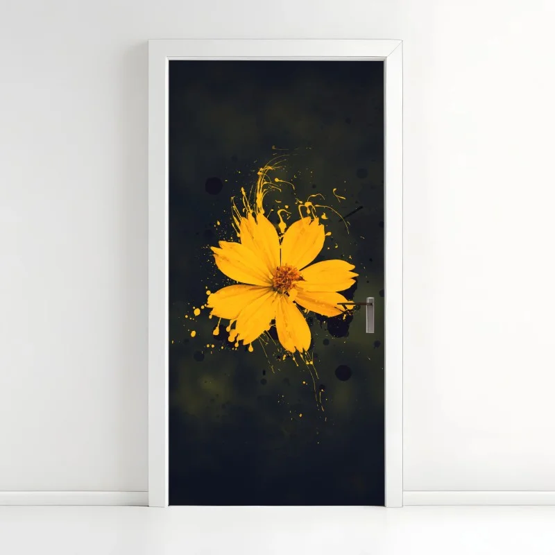 Pegatina para puerta flor amarilla con efecto salpicado sobre fondo oscuro