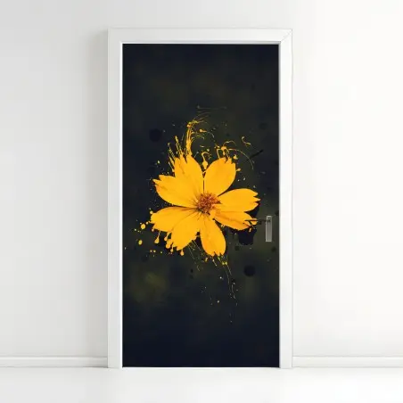 Pegatina para puerta flor amarilla con efecto salpicado sobre fondo oscuro – Pixers®
