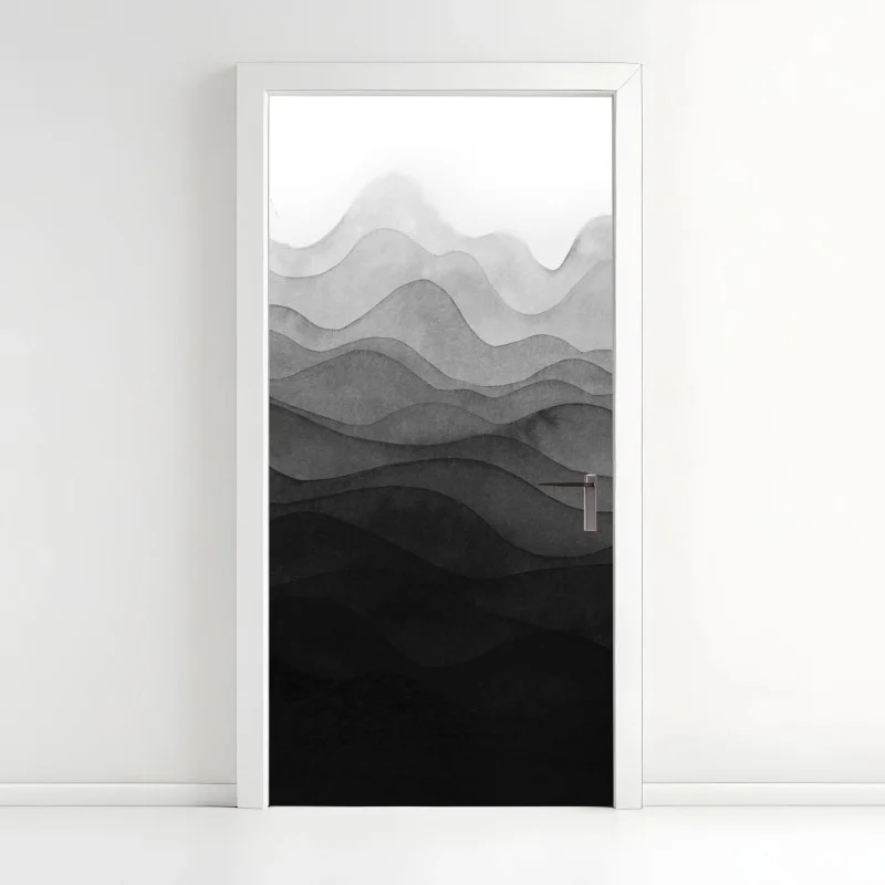 Pegatina para puerta paisaje montañoso en capas de tinta negra
