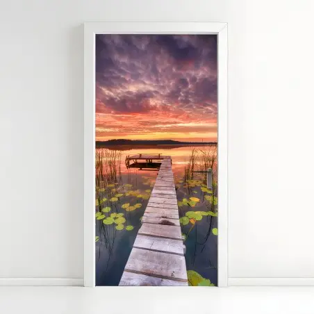 Pegatina para puerta amanecer en el muelle del lago – Pixers®