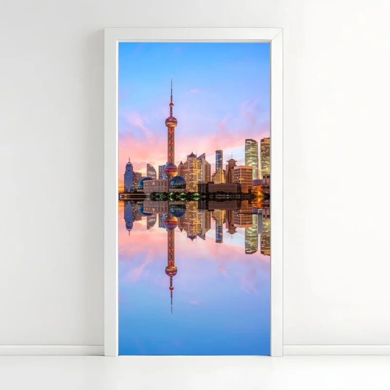 Pegatina para puerta amanecer en Shanghai: horizonte urbano reflejado
