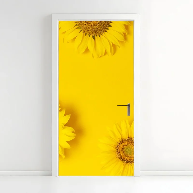 Pegatina para puerta girasoles sobre fondo amarillo vibrante