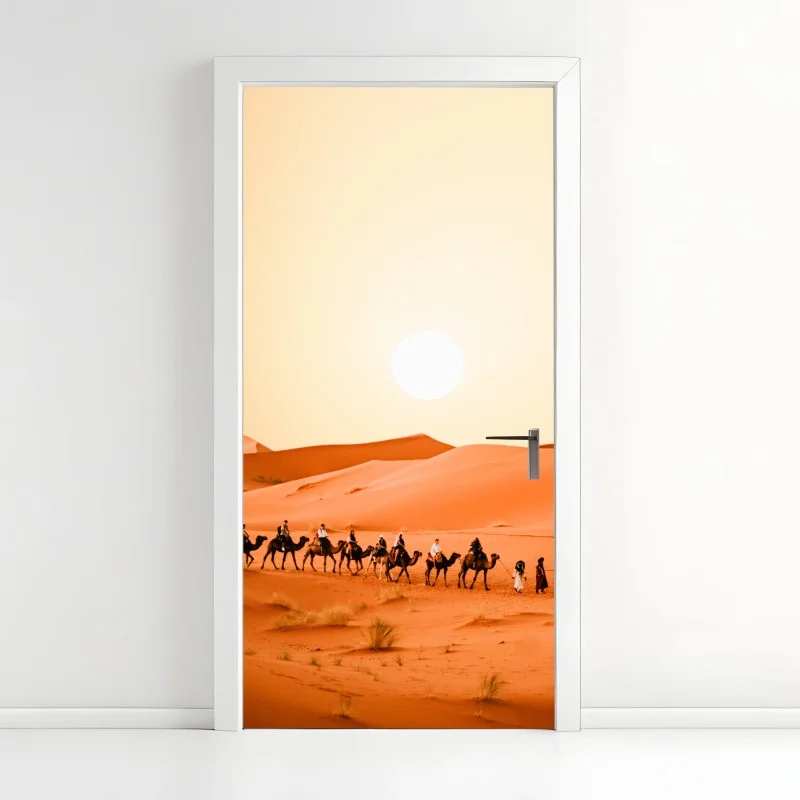 Pegatina para puerta caravana de camellos en dunas doradas