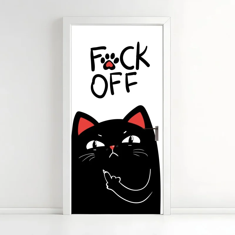 Pegatina para puerta gato negro irreverente con actitud