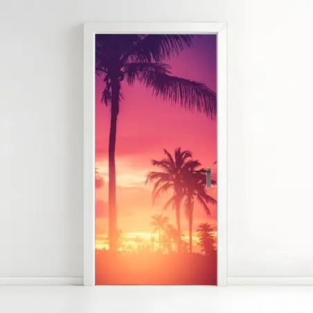 Pegatina para puerta atardecer tropical entre palmeras – Pixers®