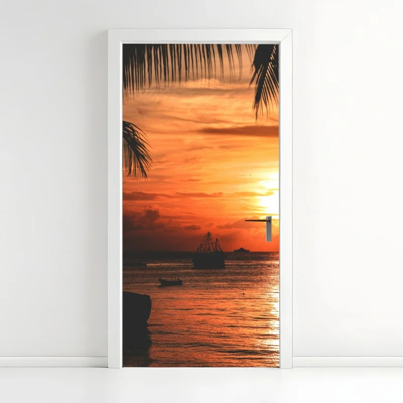 Pegatina para puerta puesta de sol tropical sobre el mar