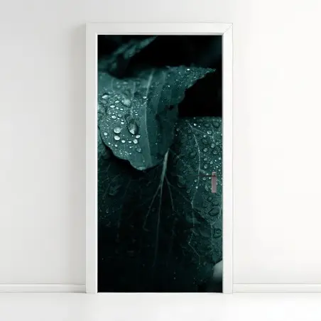 Pegatina para puerta hojas con gotas en tonos esmeralda – Pixers®