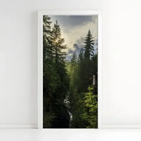 Pegatina para puerta panorámica de bosque y cascada al amanecer – Pixers®