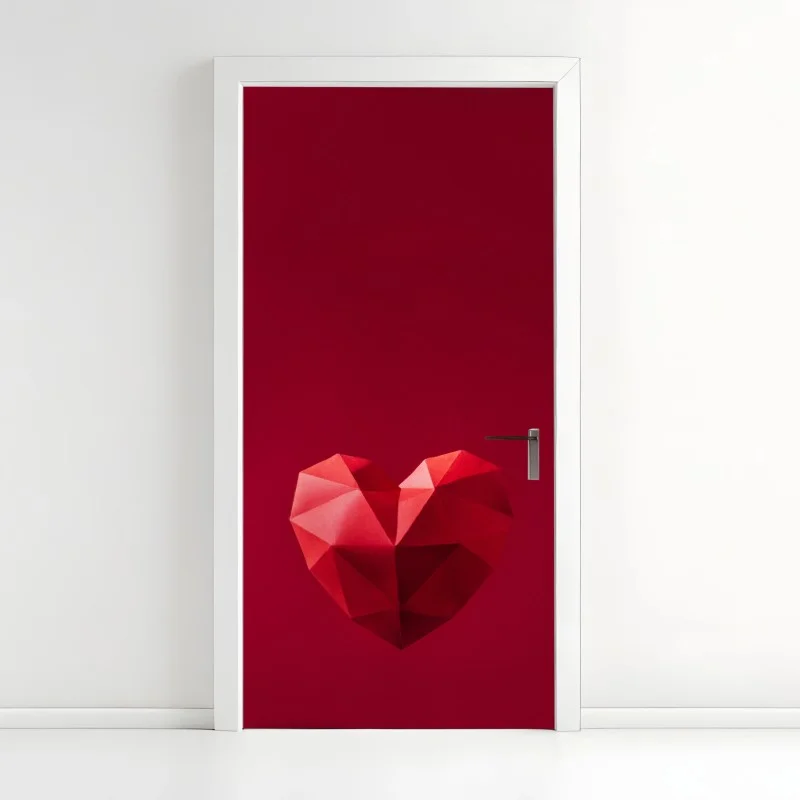 Pegatina para puerta corazón geométrico en relieve sobre fondo rojo