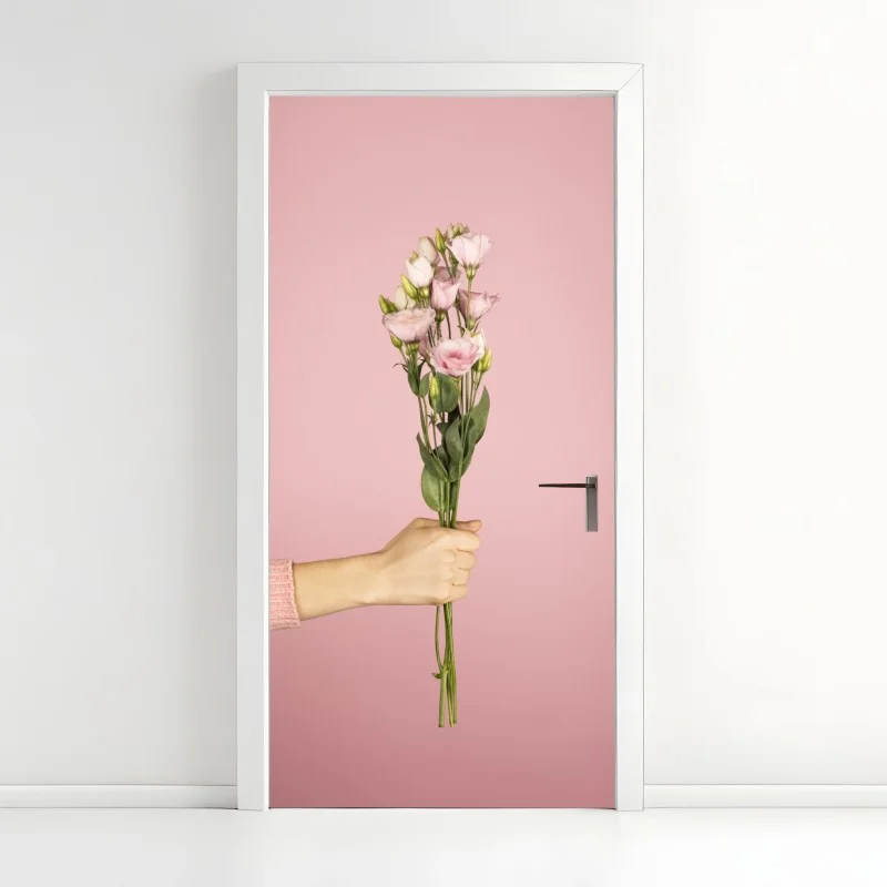 Pegatina para puerta ramo rosa minimalista en fondo rosa