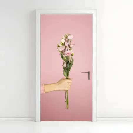 Pegatina para puerta ramo rosa minimalista en fondo rosa – Pixers®
