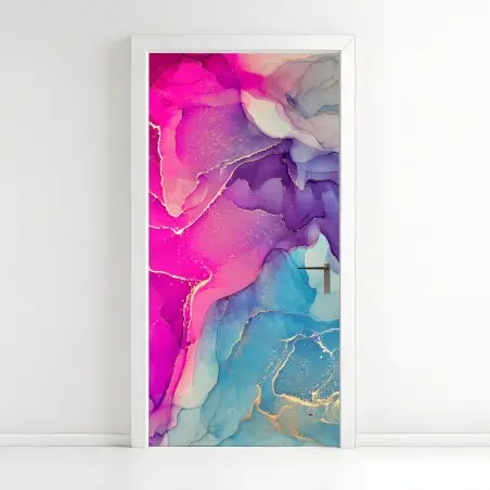 Pegatina para puerta paisaje abstracto en tinta al alcohol fucsia y turquesa – Pixers®