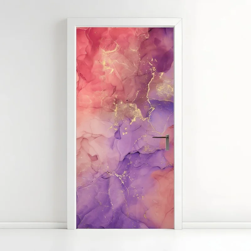 Pegatina para puerta ensueño abstracto en rosa y morado con vetas doradas
