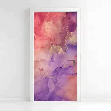Pegatina para puerta ensueño abstracto en rosa y morado con vetas doradas – Pixers®
