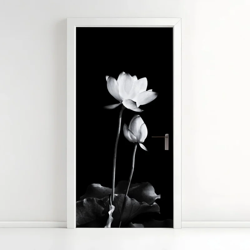 Pegatina para puerta loto en contraste monocromo y minimalista
