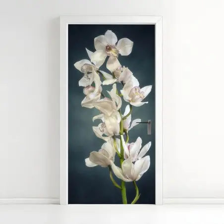 Pegatina para puerta orquídeas blancas sobre fondo oscuro – Pixers®