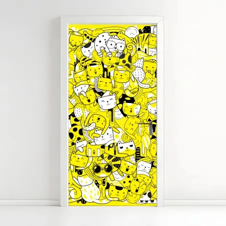 Pegatina para puerta fiesta de gatos amarillos y blancos – Pixers®