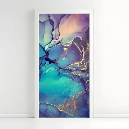 Pegatina para puerta arte abstracto en tinta de alcohol azul y dorado – Pixers®