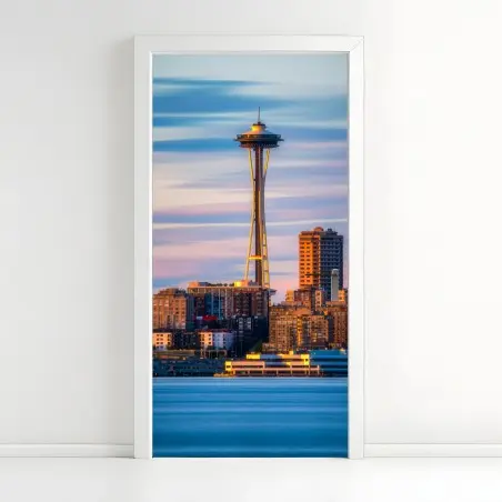 Pegatina para puerta atardecer en Seattle con Space Needle – Pixers®