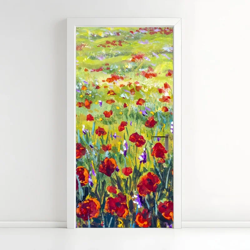 Pegatina para puerta prado de amapolas en estilo impresionista