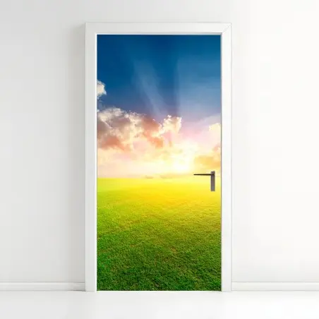Pegatina para puerta atardecer dorado en pradera – Pixers®