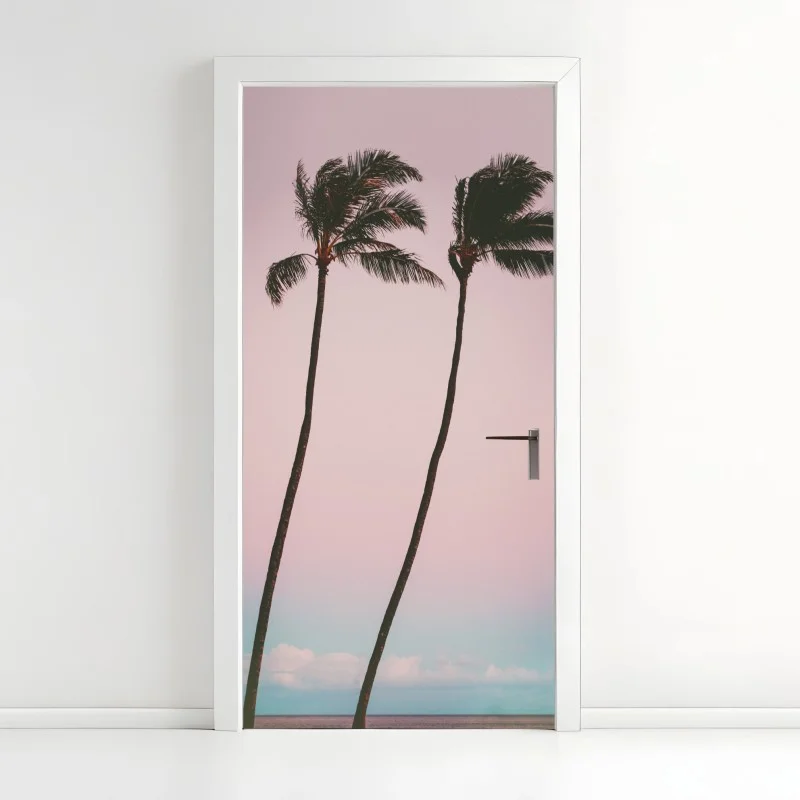 Pegatina para puerta escena tropical minimalista en tonos rosa