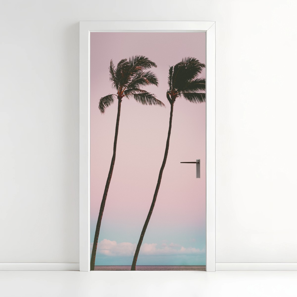 Pegatina para puerta escena tropical minimalista en tonos rosa – Pixers®