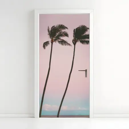 Pegatina para puerta escena tropical minimalista en tonos rosa – Pixers®
