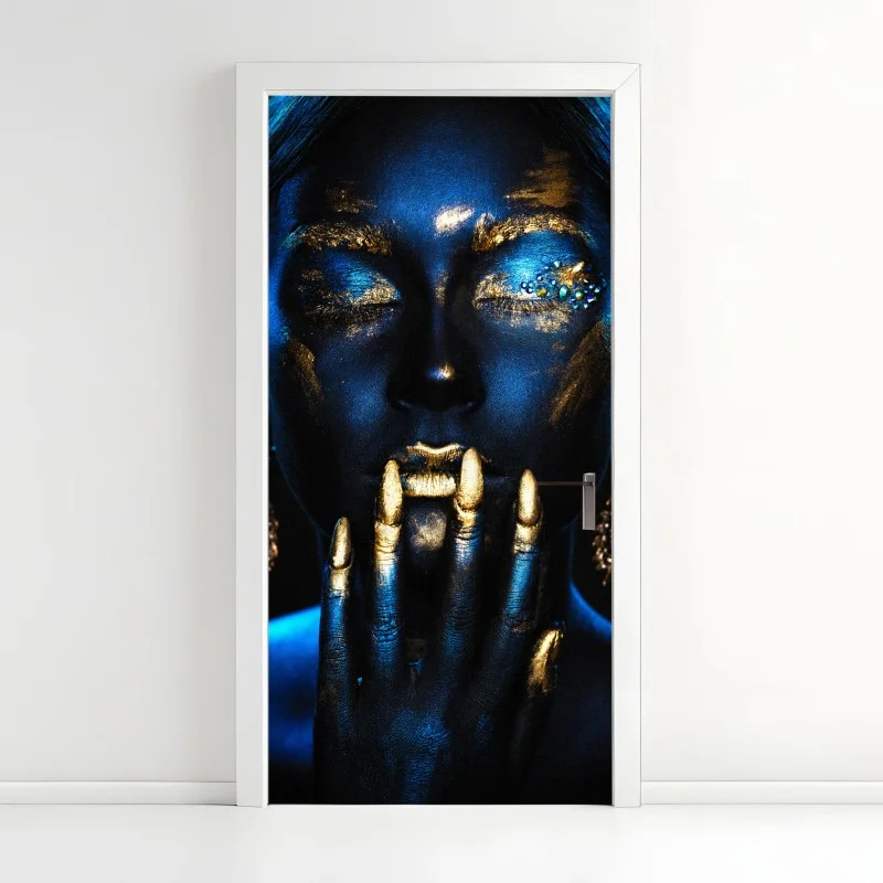 Pegatina para puerta enigma azul y dorado: retrato metálico