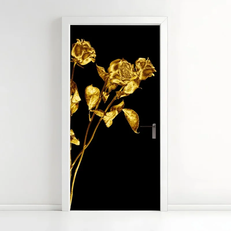 Pegatina para puerta rosas doradas sobre fondo negro