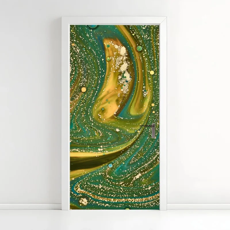 Pegatina para puerta paisaje fluido verde y dorado con textura iridiscente