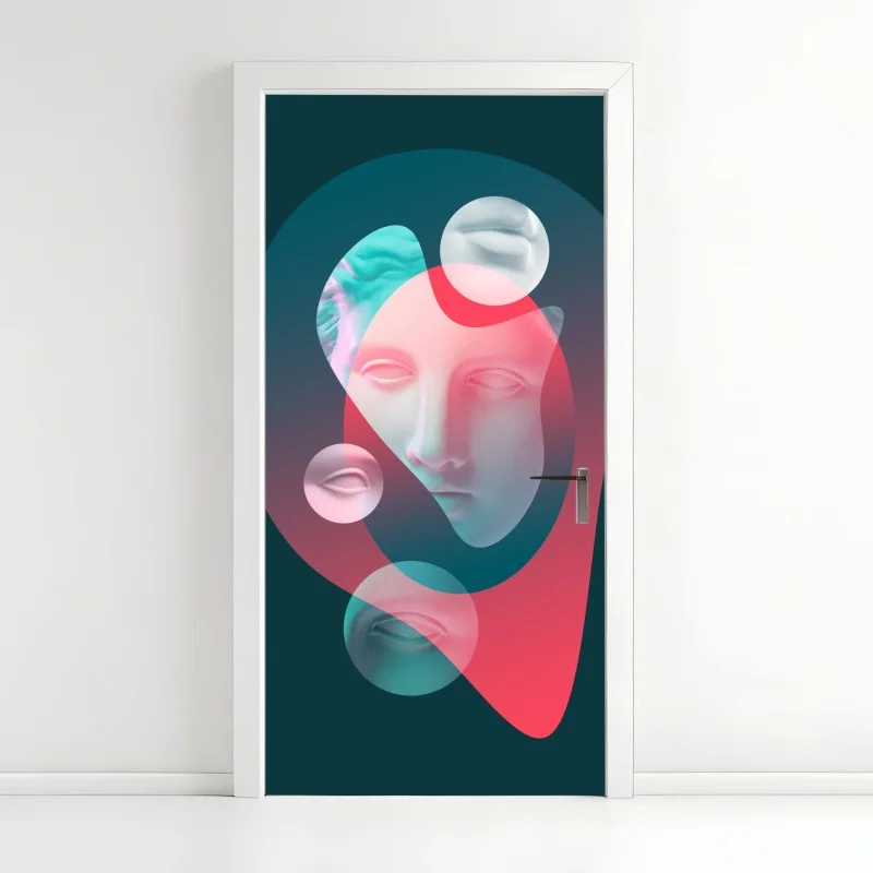 Pegatina para puerta rostro clásico surrealista con formas abstractas y colores vibrantes