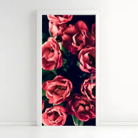 Pegatina para puerta tulipanes rojos sobre fondo oscuro – Pixers®