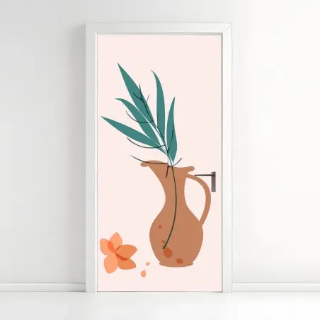 Pegatina para puerta jarrón terracota con hojas verdes y flor minimalista – Pixers®