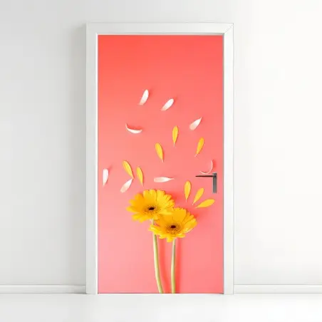 Pegatina para puerta gerberas amarillas sobre fondo coral minimalista – Pixers®
