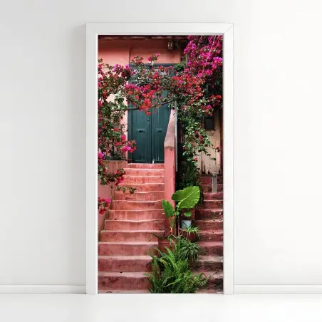 Pegatina para puerta escalera florida entre muros rosados – Pixers®