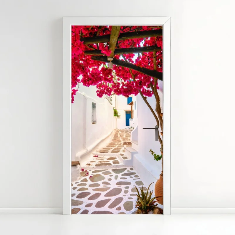 Pegatina para puerta calle mediterránea con buganvillas rosas