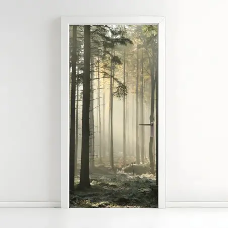 Pegatina para puerta bosque brumoso al amanecer – Pixers®